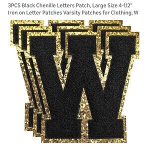 Chenille Sew on Letter Patch 3.3 Inch, 3 Pcs Self Adhesive Patch, Black Letter-W